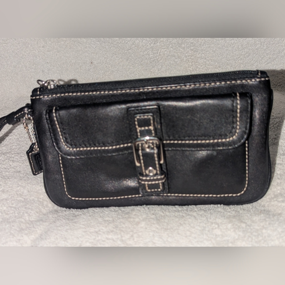 Coach Black and Silver Leather Wristlet Clutch